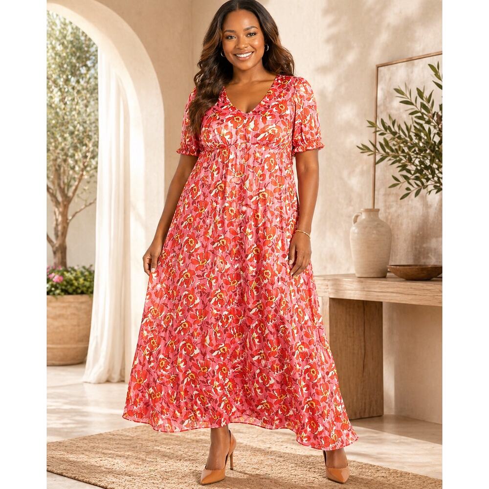 Maree Maxi Dress With Flutter Sleeve, Pink, Size 24